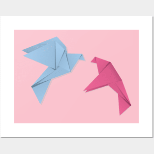 Blue and pink origami pigeons Posters and Art